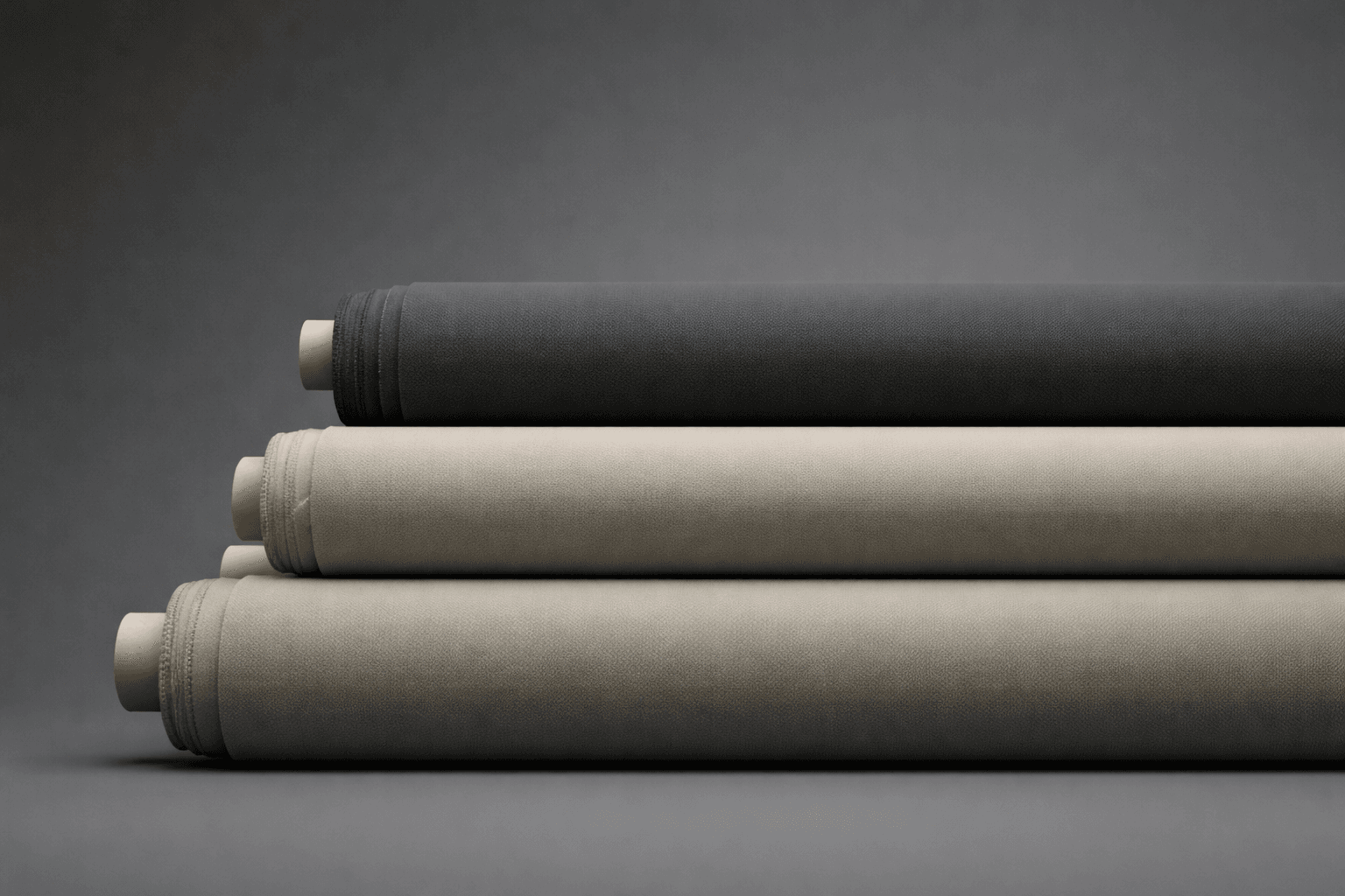 Neatly stacked textile fabric rolls in neutral tones